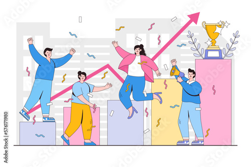 Teamwork success concept with employee character. Outline design style minimal vector illustration for landing page, web banner, infographics, hero images