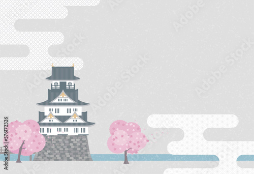 日本の古い城と春の桜の木とエ霞の背景イラスト