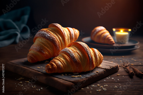 Delicious homemade croissants on rustic wooden kitchen table. AI generated