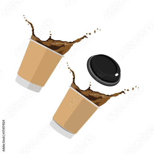 Vector illustration sets of coffee or brown liquid splash from ceramic or paper mug or cup with dramatic scenes. Illustration for digital resources isolated on white background