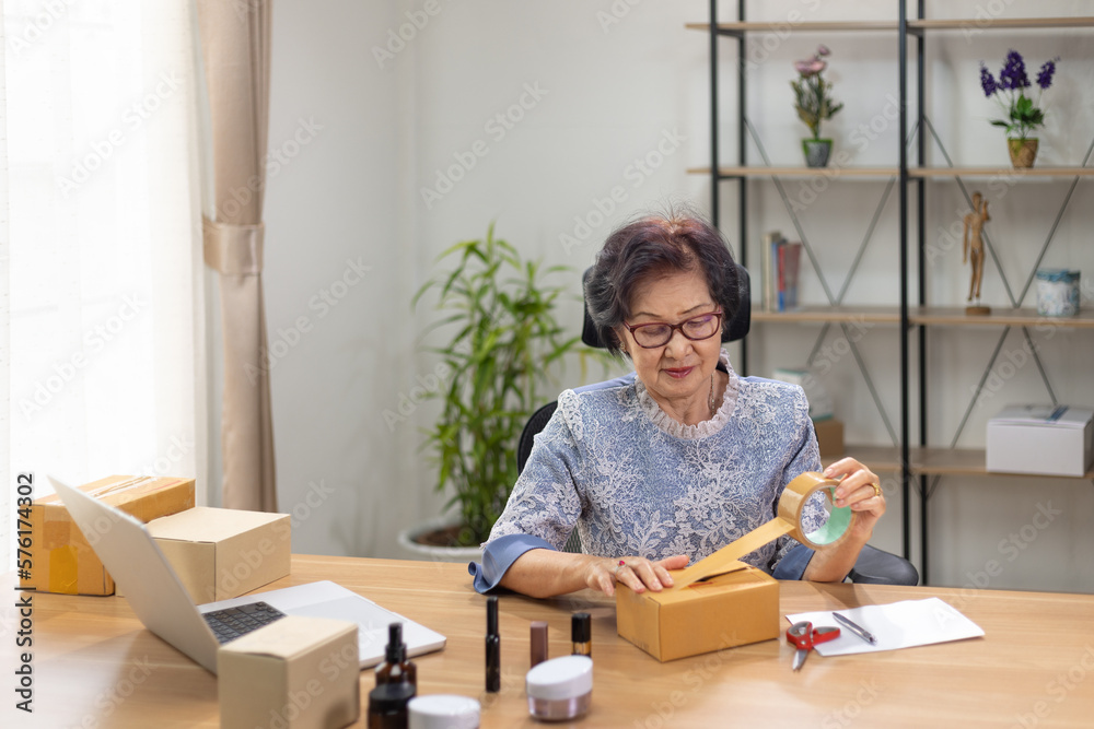 Senior woman sell items online and make money in retirement. Senior woman sell items online and make money in retirement.