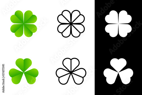 Green lucky leaf Clover isolated on white background. Three leaf in different design. St. Patricks day. Vector illustration.