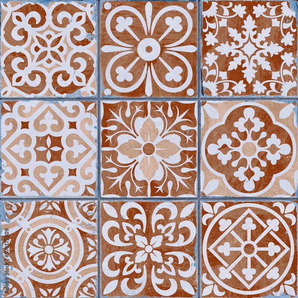 Vector tile pattern, Lisbon floral mosaic, Mediterranean seamless Red ornament