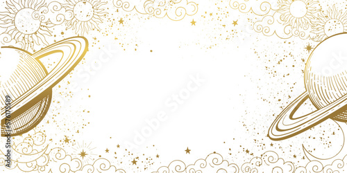 Astrology banner with golden planet saturn and stars, vintage boho template with copy space for text, horoscope and zodiac. Modern vector illustration isolated on white background.