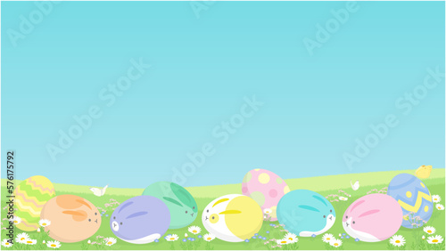 Easter background with copy space. Vector illustration of eggs with cute rabbit face and bunny ears on spring flower grass field.