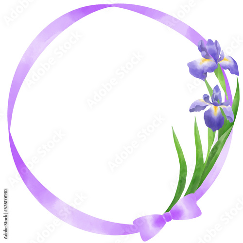 Fototapeta Naklejka Na Ścianę i Meble -  パープルのリボンと花菖蒲のフレーム／Purple ribbon and iris frame