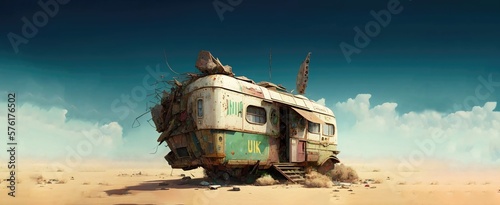 Living in remote destinations. An abandoned motor home or camping truck, in the middle of dry land or desert. Beautiful blue sky above. Generative AI.