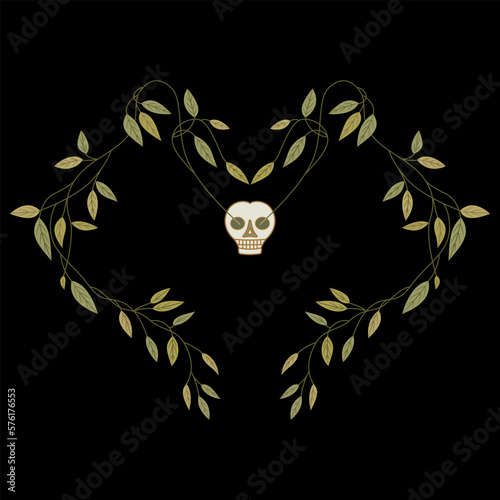 Symmetrical heart shape design with human skull and vine branches sprouting from its eye sockets. Creative concept. Death and life. On black background.