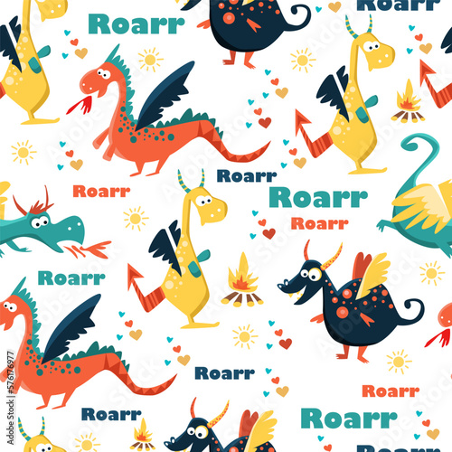 Seamless pattern of the cute dragons. set