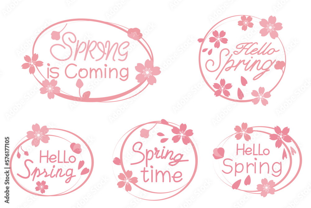 Set of spring floral calligraphy. Spring lettering decoration white Cherry blossom flowers. Spring seasonal text collection. Vector illustration.