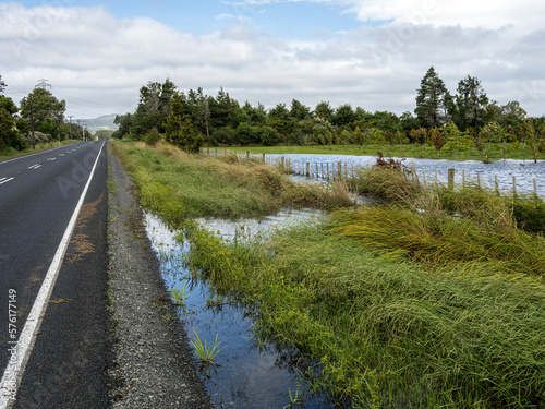 Flooded roadside field during cyclone Gabrielle