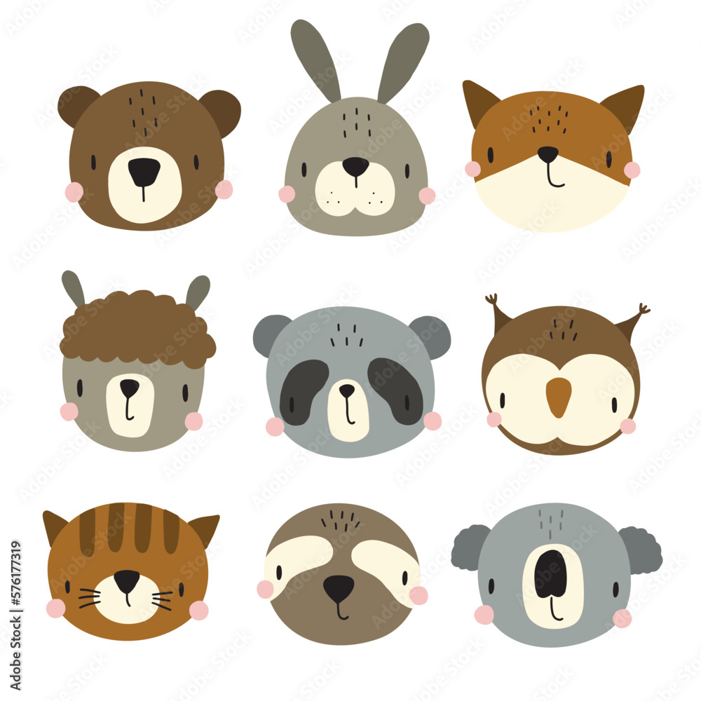 Set of cute animal heads. Cartoon zoo. Collection of cute animal characters in boho style. Vector illustration for your design Set of cute animal heads. Cartoon zoo. Collection of cute animal characters in boho style. Vector illustration for your design