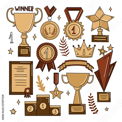 Awards, trophy cups, first place medals and podium winners set. Doodle gold medal and champion trophy cup. Hand drawn award decorative icons. Vector illustrations isolated on white background.