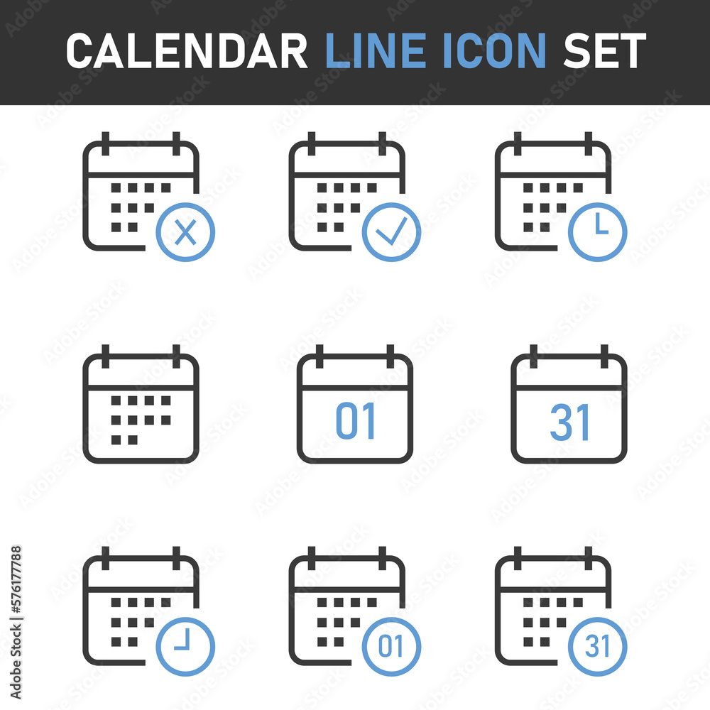 Calendar Date Line Icons Set Stock Vector.