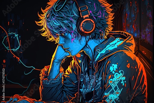 Generative AI an neon gamer anime fashion boy or man wearing headphones, lost in his music. abstract background that evokes the feeling of different genres of music. banner music concept