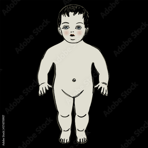Antique baby doll as a nude little boy. Hand drawn colorful sketch. On black background.
