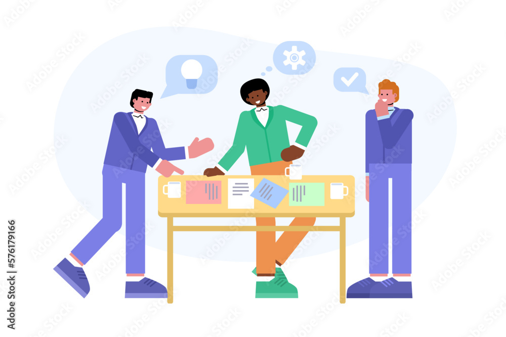 Modern vector illustration of people standing near the table and talking. Strategy meeting, planning, brainstorming concept Modern vector illustration of people standing near the table and talking. Strategy meeting, planning, brainstorming concept