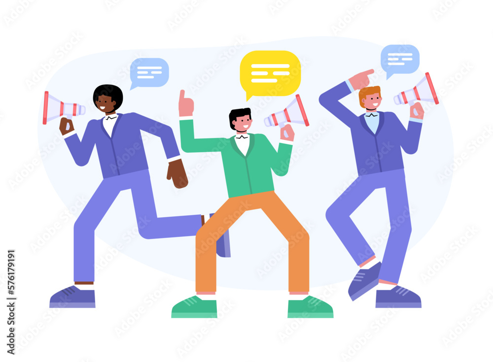 Modern vector illustration of people speaking with megaphones. Communication, advertise, promote concept