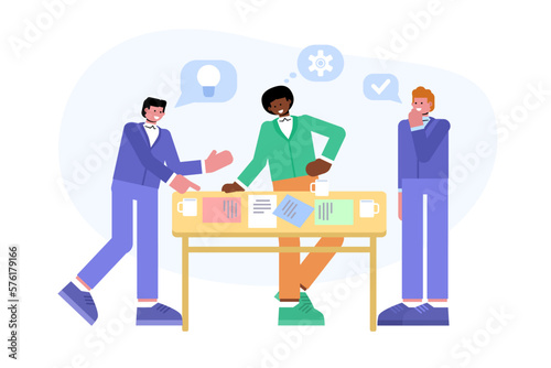 Modern vector illustration of people standing near the table and talking. Strategy meeting, planning, brainstorming concept