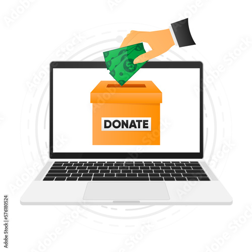 People throw money cash online into the donation box. Cash in hand. Donation box. Financial support. Vector illustration.