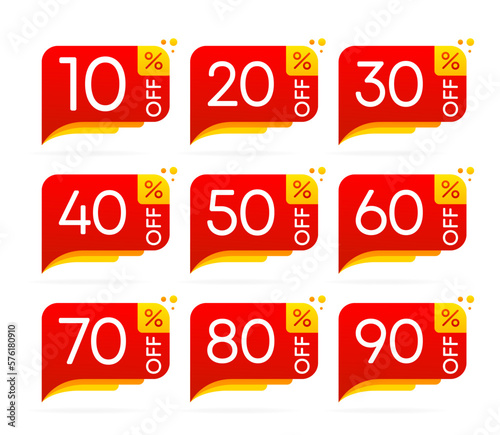 Sale discounts set. Special price offer signs. 10 to 90 percent discount on goods or services. Vector illustration.
