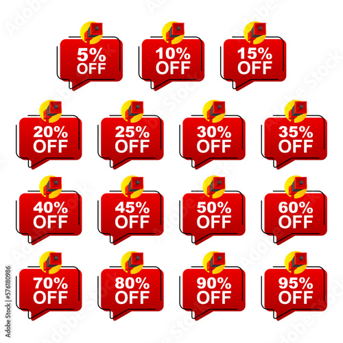 Sale discounts set. Special price offer signs. 10 to 90 percent discount on goods or services. Vector illustration.
