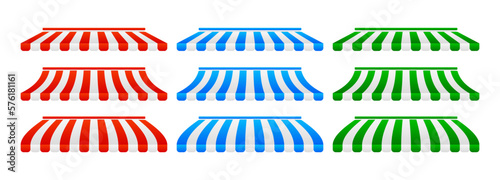 Shop Canopy collection. Cafe sunshade, store awning or roof set in different color and design. Vector illustration.