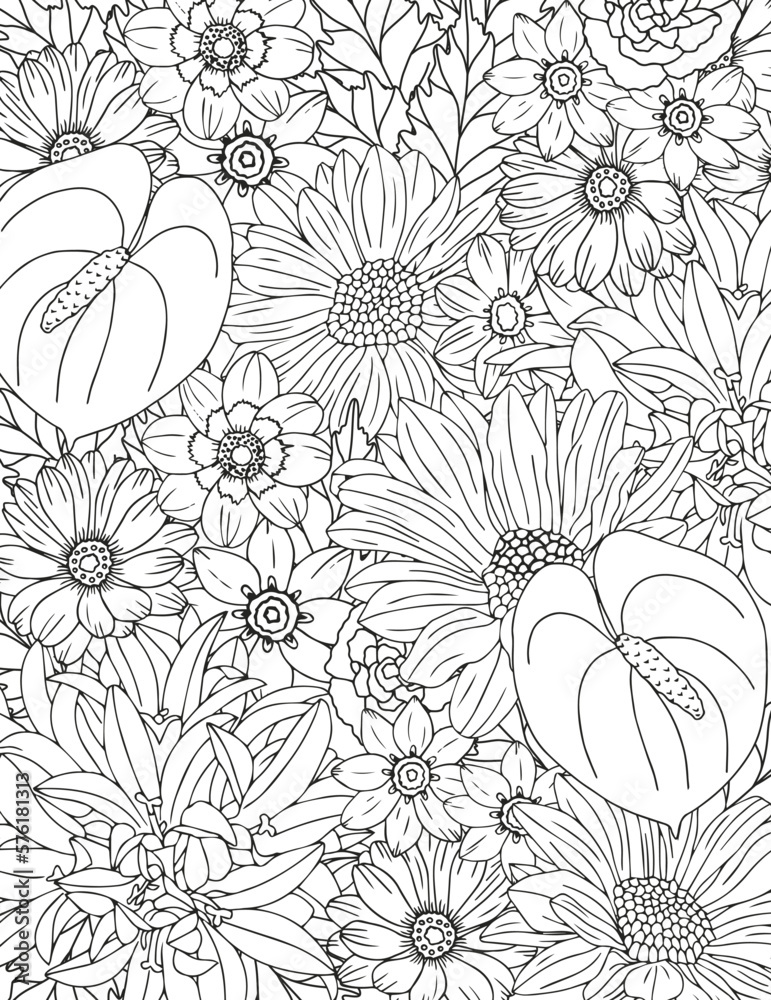 Flower carpet. Coloring book for adults and children.