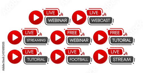 Free and live webinar play online button collection. Free webinar, stream and tutorial Icons. Red play button. Vector illustration.