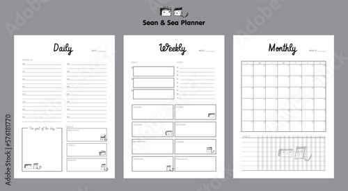 (Grey) 3 set of Recipe card, Groceries List and Meal plan Planner. Cute style with Sean and Sea partners. Plan your day make dream happen.
