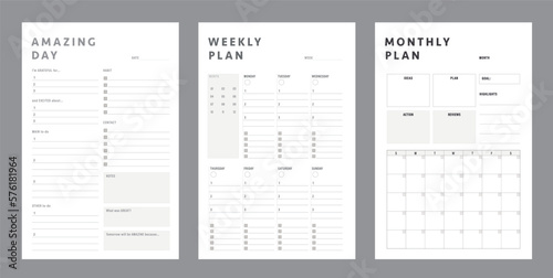 3 set of Daily  Weekly  Monthly Planner template. Make your day more easily and happy. Vector template. 