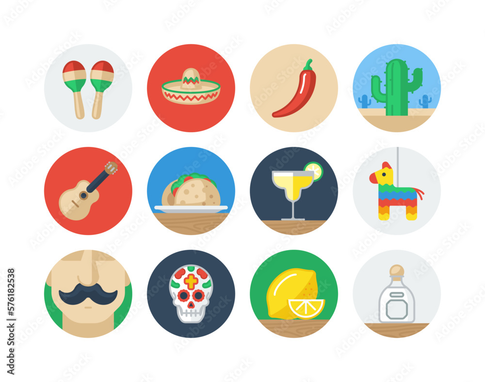 Cinco de Mayo and day of the dead flat circle icon set with Mexico related icons