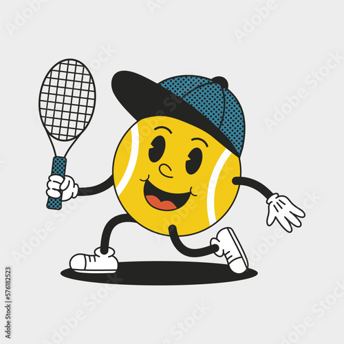 Retro tennis ball mascot in cap with racket. Funny cartoon character. Trendy isolated vector illustration.