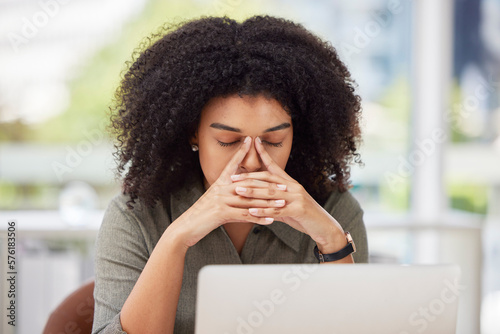Work stress, headache and black woman worker with office burnout at computer with sinus issue. Laptop 404 glitch, accountant order problem and tax project anxiety of a employee feeling fatigue