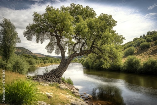 The lozere, Cevenne, France tree on the bank of the chassezac river Generative AI photo
