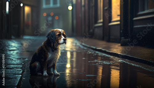 Fotografie, Tablou dog sitting on a wet sidewalk in the rain, loneliness concept illustration, anim