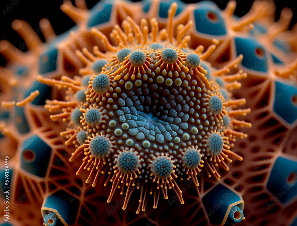 This close-up image under a microscope showcases the artistic beauty of a virus. Its intricate details and unique shape highlight the complexity of these tiny infectious agents. Generative AI This close-up image under a microscope showcases the artistic beauty of a virus. Its intricate details and unique shape highlight the complexity of these tiny infectious agents. Generative AI