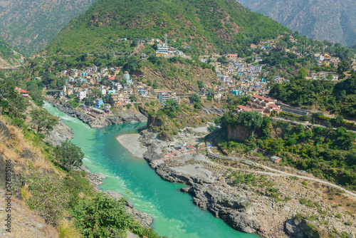 Devprayag, Godly Confluence,Garhwal,Uttarakhand, India. Here Alaknanda meets the Bhagirathi river and both rivers thereafter flow on as the Holy Ganges river or Ganga. Sacred place for Hindu devotees. photo