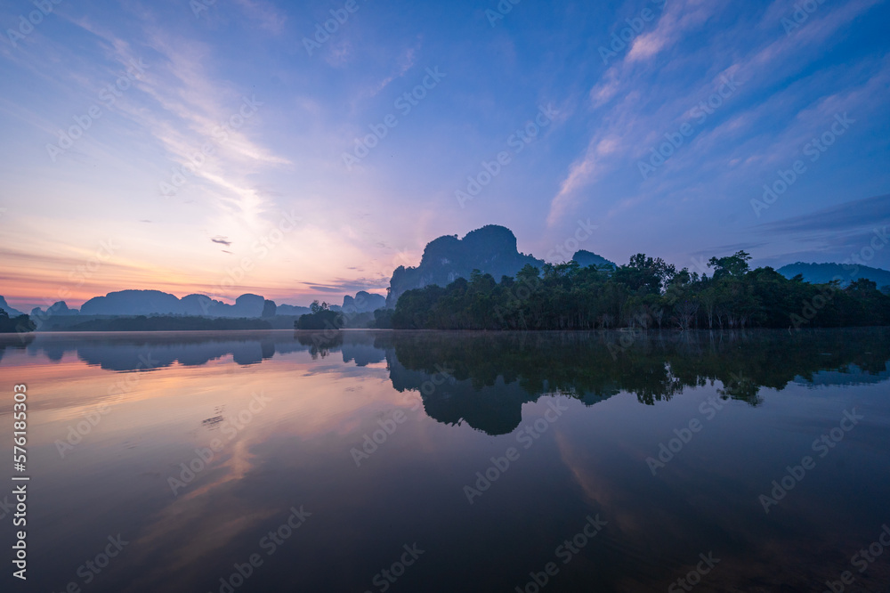 mountains and river at sunrise, Krabi, Thailand