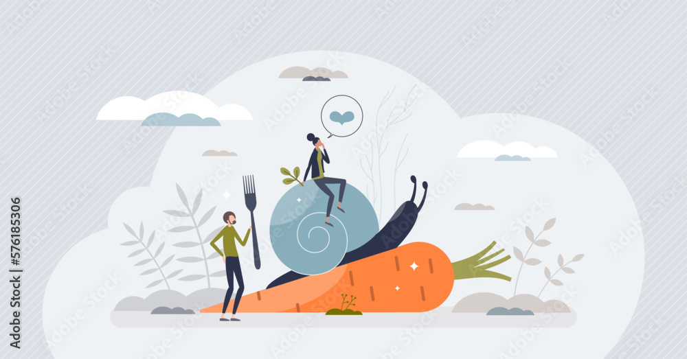 Slow food and ecological vegetables or fruits consumption tiny person concept. Sustainable, clean and nature friendly eating with eco quality grocery ingredients and preparation vector illustration.