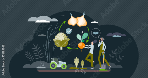 Regenerative agriculture for soil health and water saving tiny person concept. Effective cycle for farmland fertility conservation and sustainable farming for ecological products vector illustration