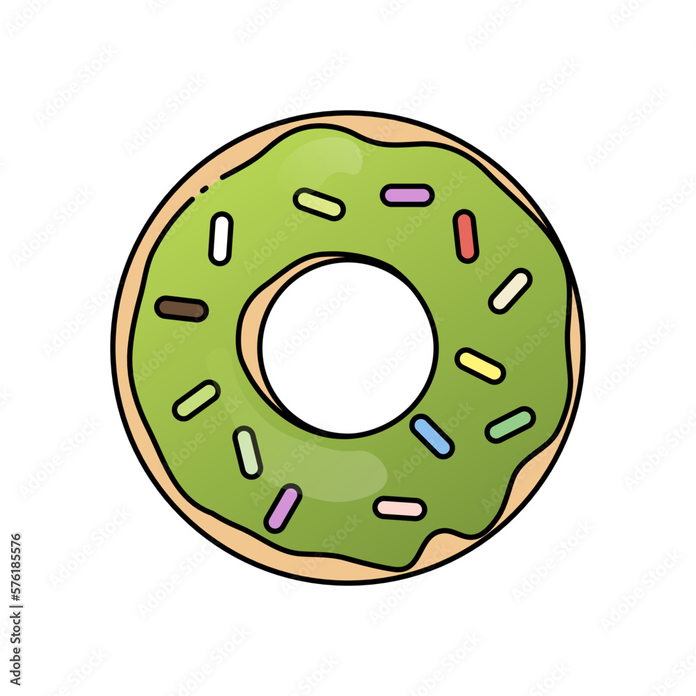 Donut with green glaze and sprinkles icon vector isolated sign Donut with green glaze and sprinkles icon vector isolated sign