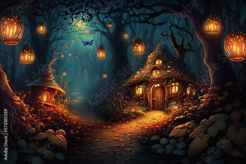 A magical image of a fantasy village nestled within a forest, illuminated by the soft glow of lanterns under the night sky..