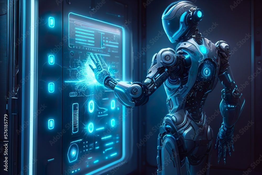 In a futuristic world, a humanoid robot is seen interacting with a blue control panel.