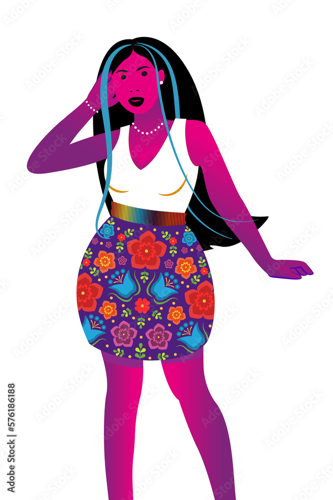 Ilustración de mujer adulta posando en vestido con flores bordadas. Bordado tradicional de México. Ilustración de mujer adulta posando en vestido con flores bordadas. Bordado tradicional de México.