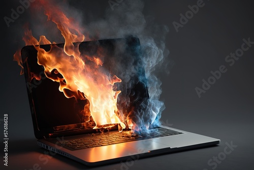 Fototapete laptop made of fire and smoke on a dark background, generative ai
