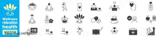 Wellness, relaxation, health, exercise, yoga, spa, diet, wellbeing, icon set collection.