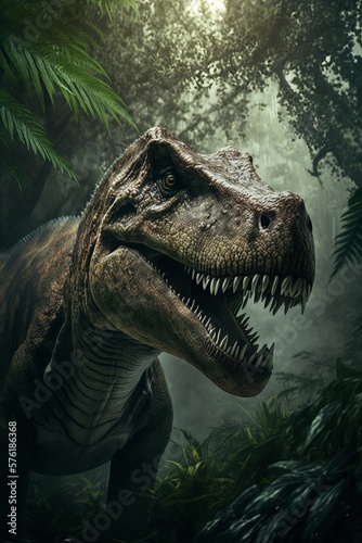 Dinosaur T-rex in the jungle. Generative AI © LAYHONG