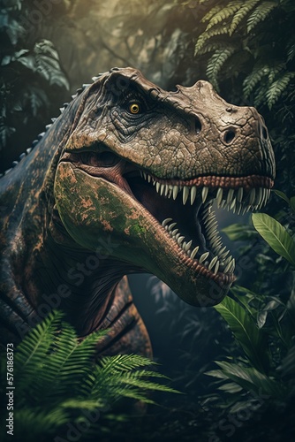 Papier peint Tyrannosaurus dinosaur in the rainforest. Generative AI