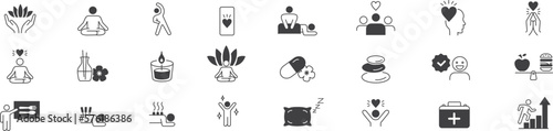Wellness, relaxation, health, exercise, yoga, spa, diet, wellbeing, icon set collection.